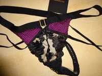 Ann Summers Vivienne thong LUX czarne różowe stringi paski OKAZJA r 36