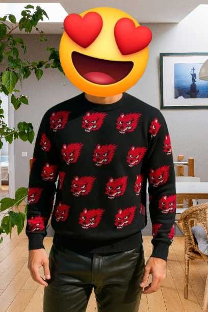 Męski sweter oversize czarno-czerwony – wzór smoka