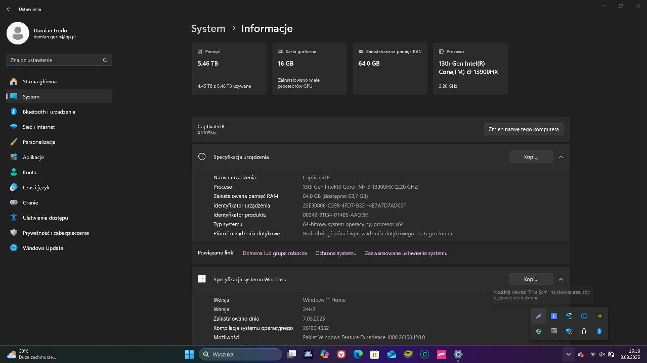 Laptop Gamingowy 17,3 2K 240Hz, i9, RTX 4090, 64GB, 17 TB