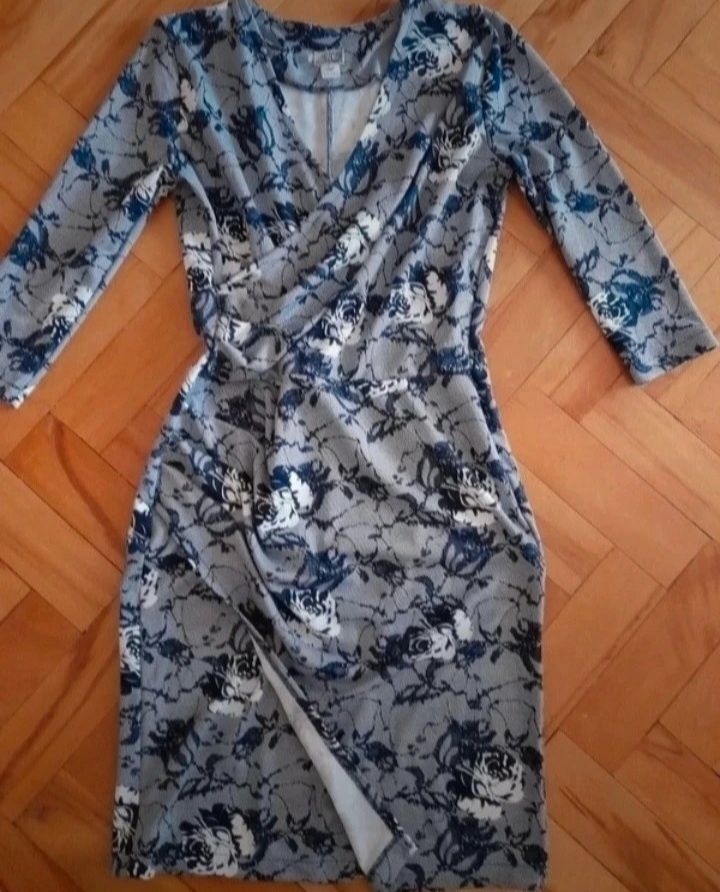Nowa elegancka sukienka Exclusive 36/38 drapowana niebieska kopertowa