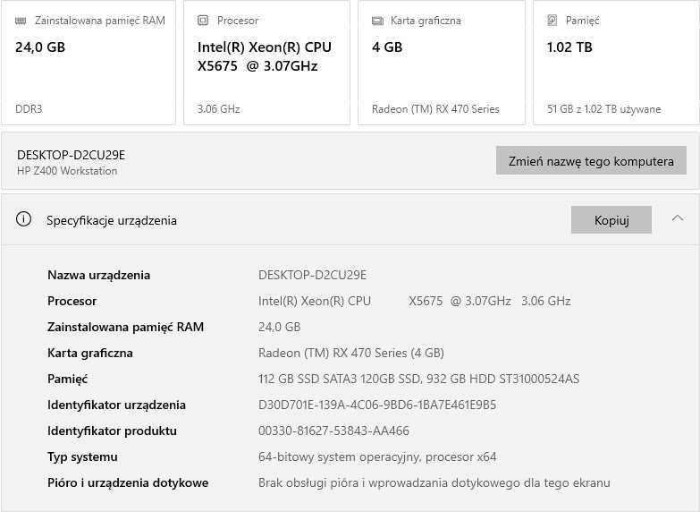 Komputer do grania i do pracy HP Z400. RX 470 4gb, SSD+HDD 1TB