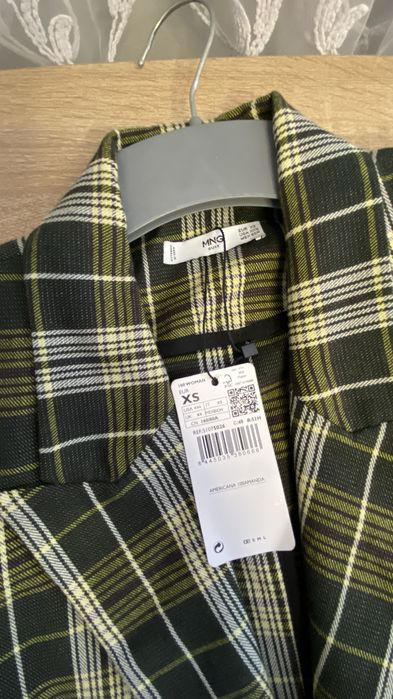Двобортний блейзер Mango  | Зелено-кремовий тартан | Розмір XS