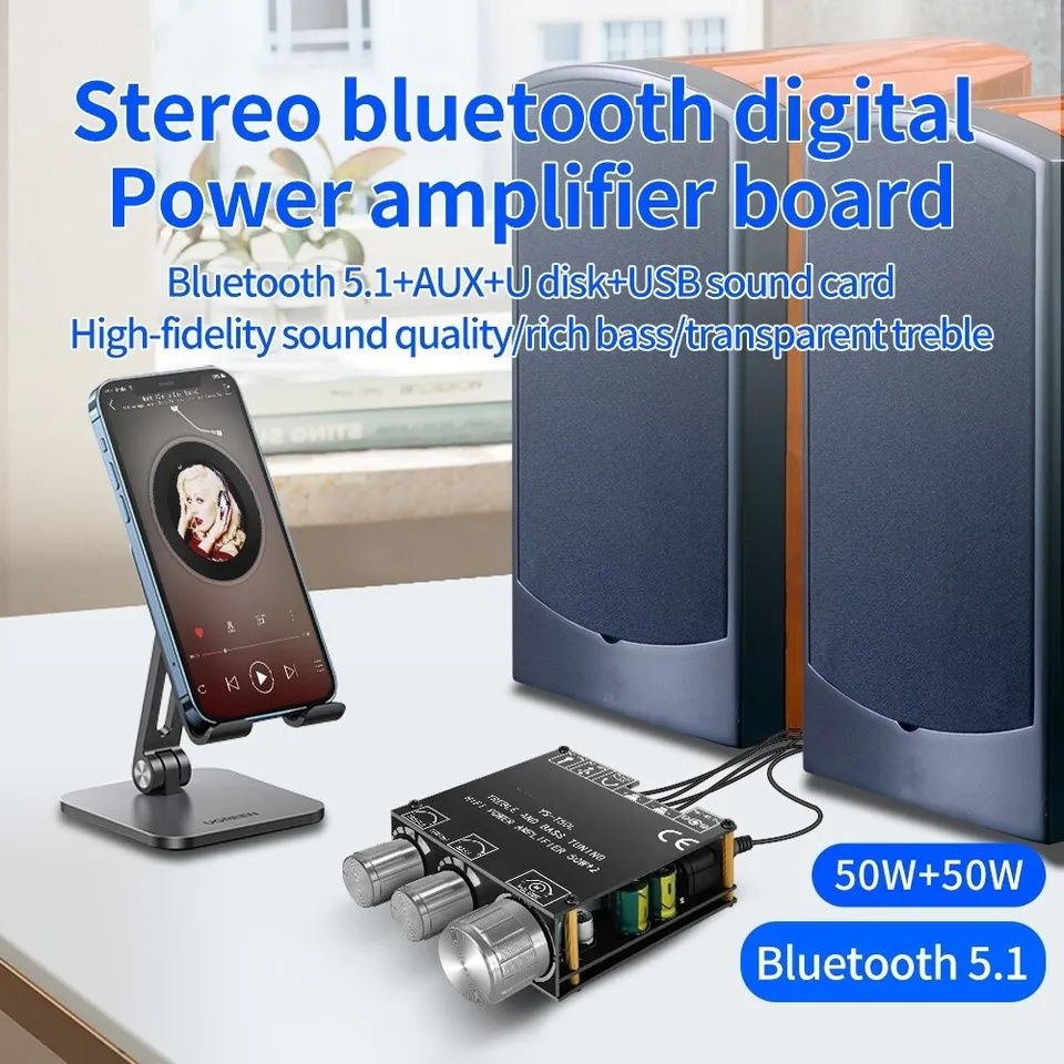 Усилитель мощности+ Bluetooth 5.0 стерео 2*50W. корпус. Aux, USB, bass