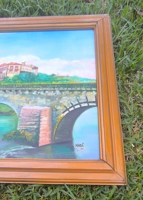 Belíssimo quadro pintura a óleo assinado com moldura em madeira dourad