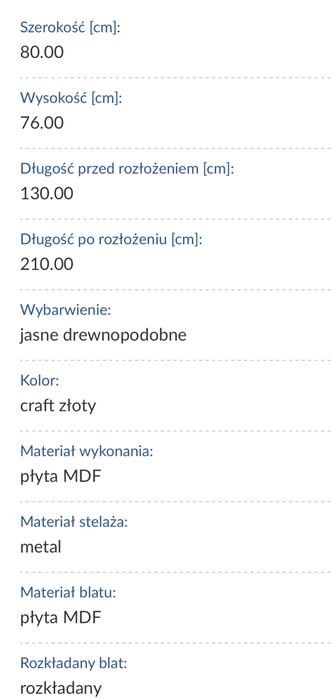 Stół 130 cm rozkładany do 210 cm Liwia-210 dąb złoty craft