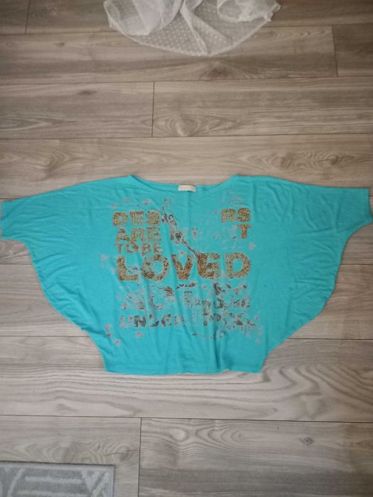 MISS MONEY oversize M L XL bluzka turkus z złotymi dzetam ITALIA