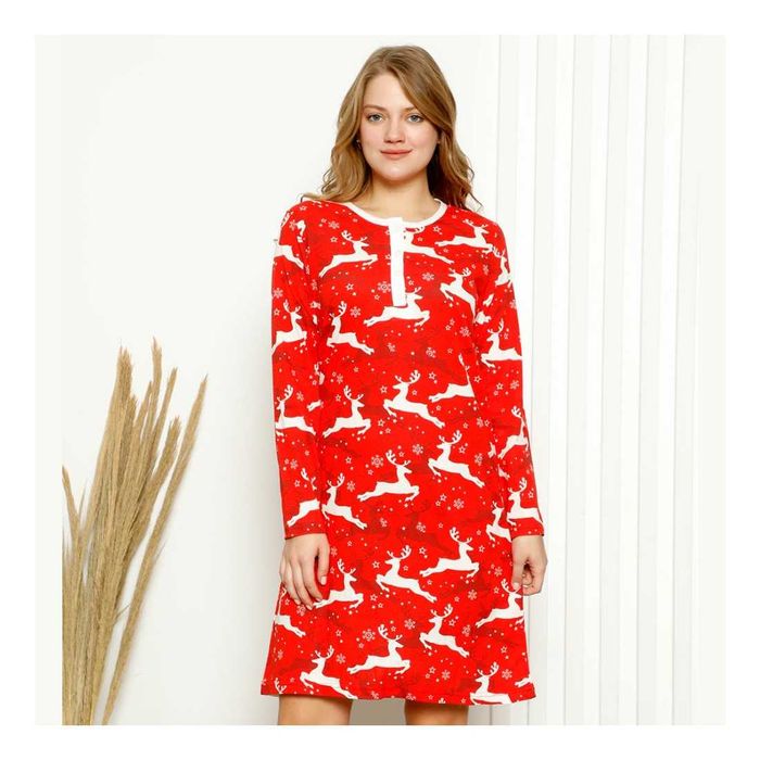 Świąteczna koszula nocna damska czerwona bawełniana z reniferami