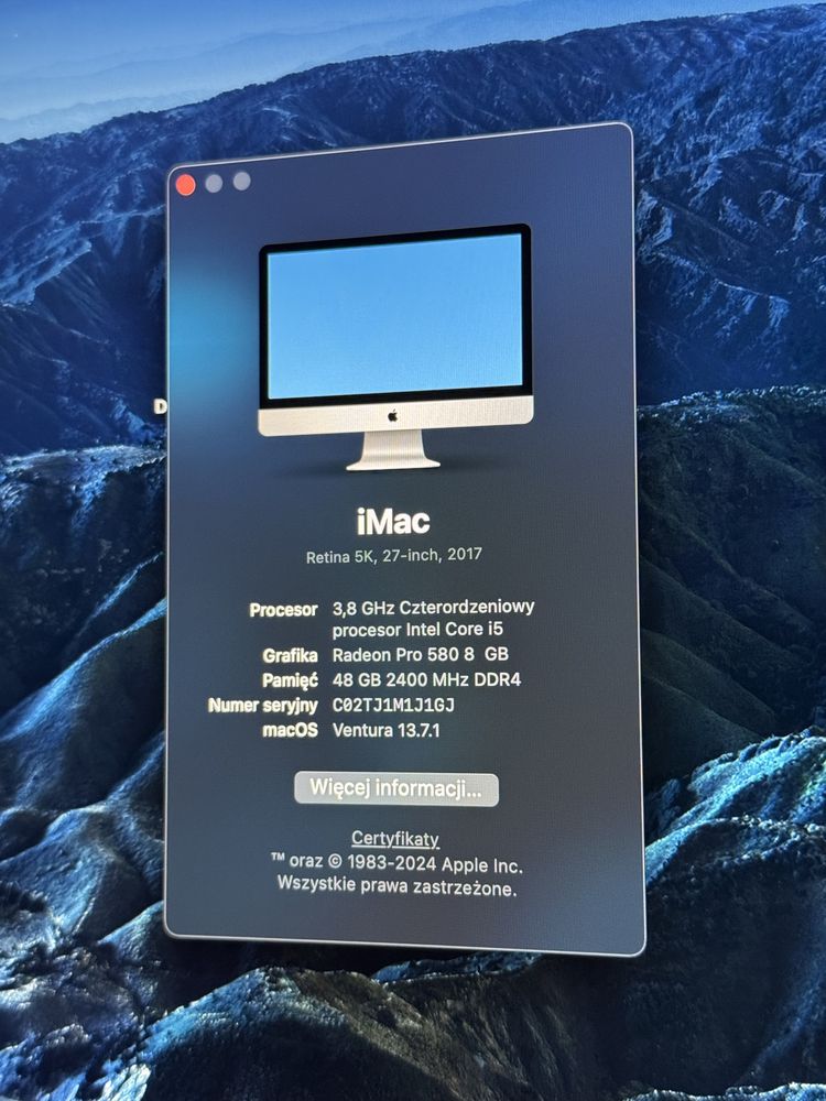 Komputer stacjonarny iMac Retina 5k 27’ 3.8GHz i5 / 48GB RAM / 2TB SSD