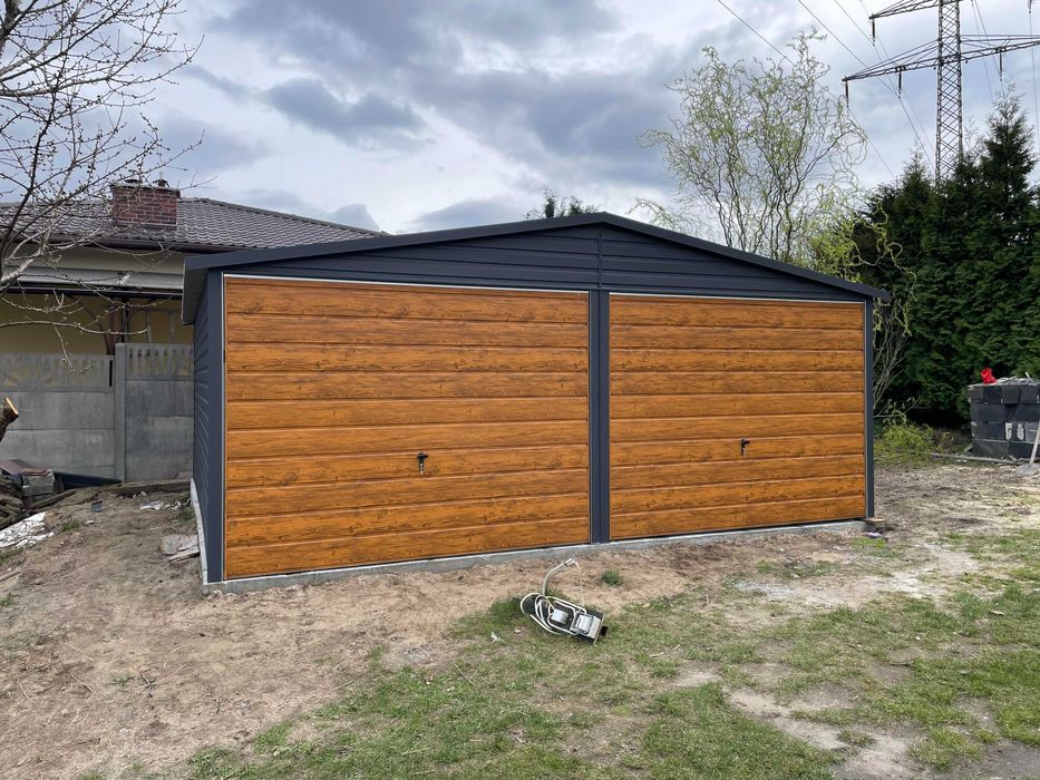 Garaż blaszany 6x6, grafit mat + złoty dąb. PROFIL OCYNKOWANY.