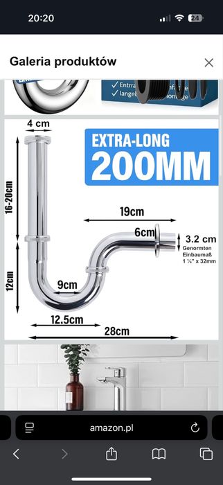 Gekufa Uniwersalny syfon, bardzo długa rura zanurzeniowa 200 mm