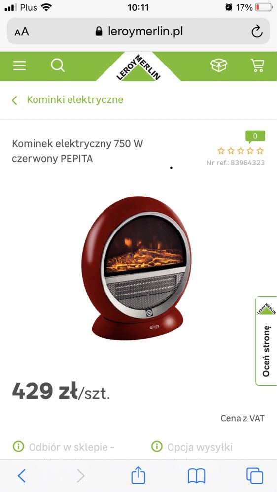 Nowy Kominek elektryczny Pepita czerwony 750W / 1500 W