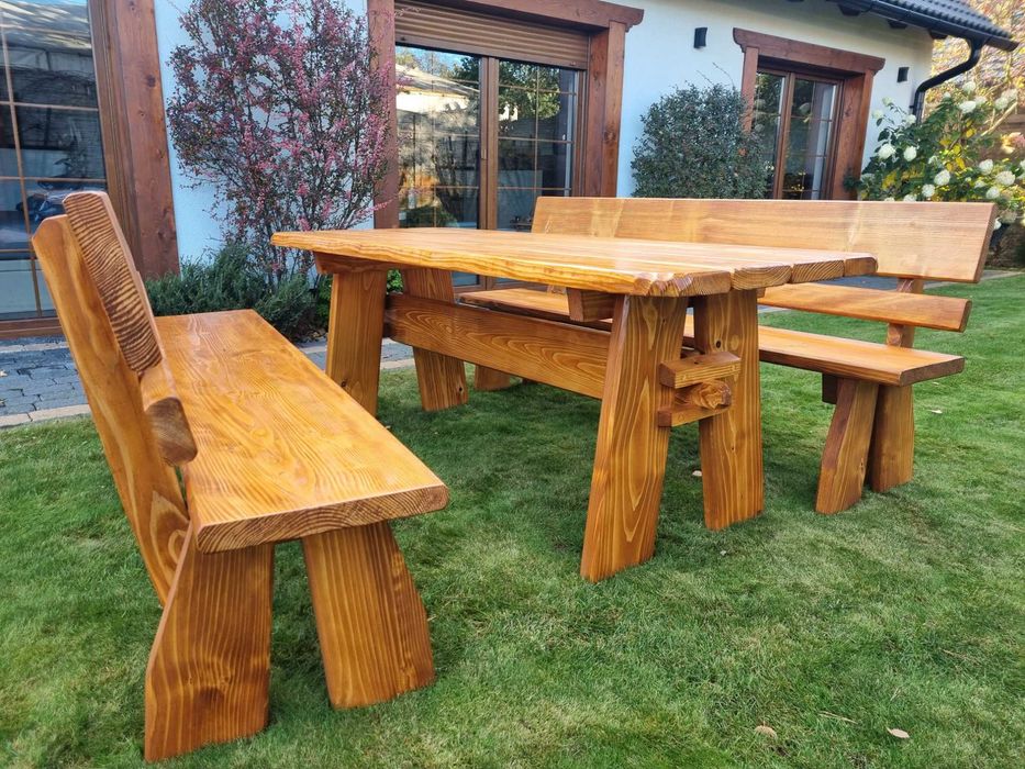 komplet zestaw DREWNIANYCH mebli ogrodowych STÓŁ, ŁAWKI na taras
