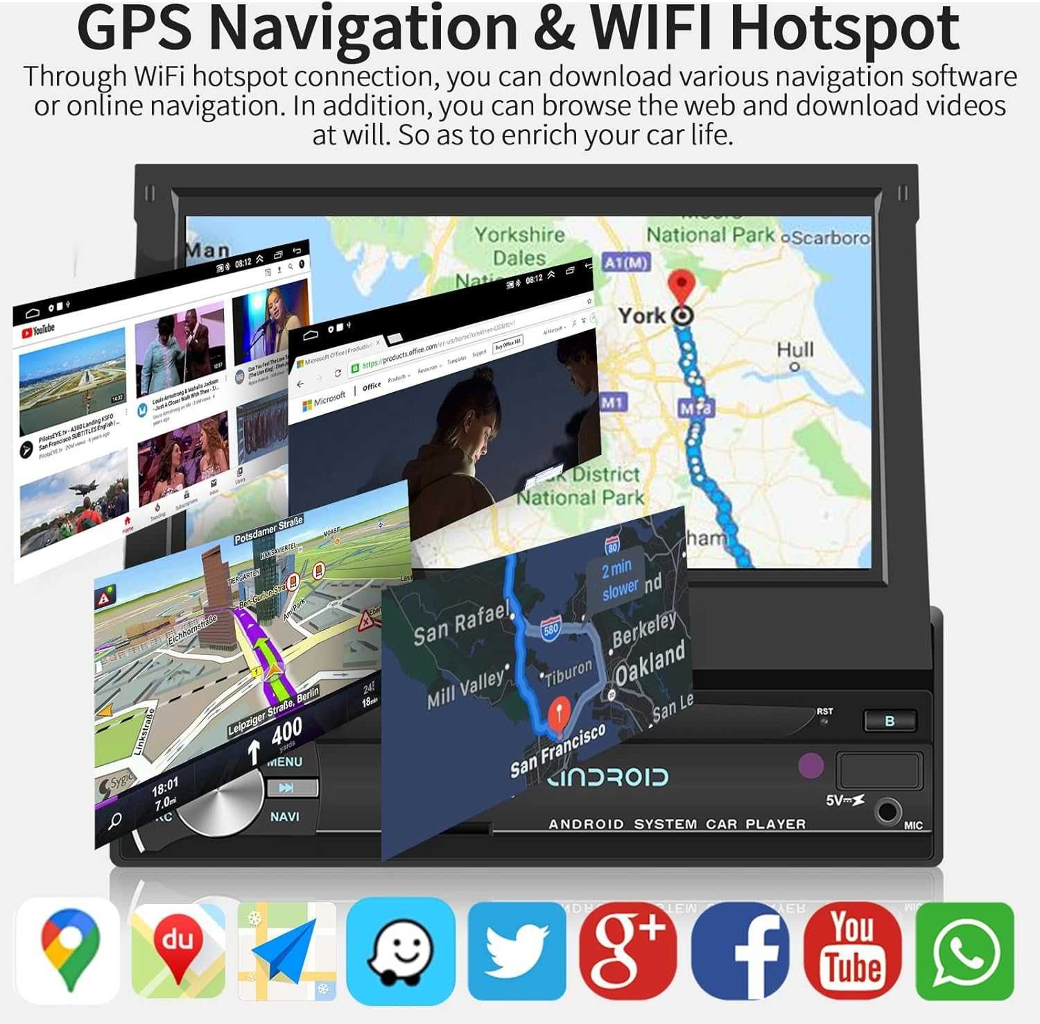 Radio 1 DIN android, ekran 7" GPS, , Bluetooth + KAMERA