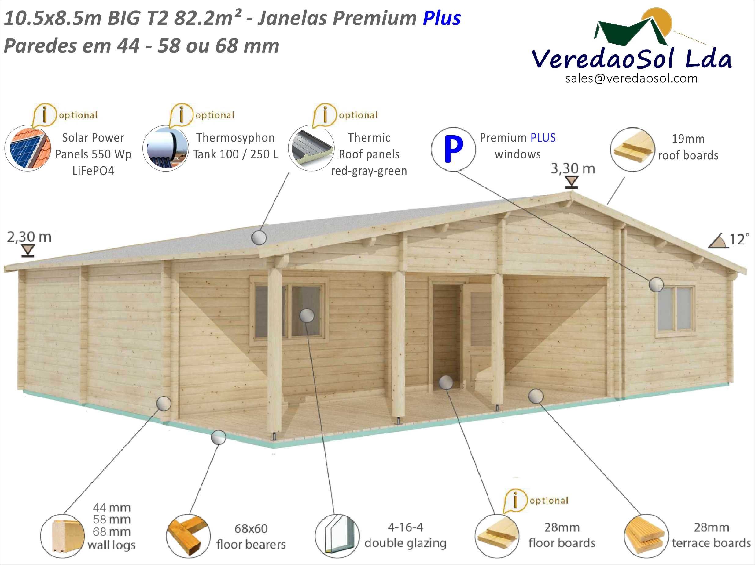 Casa madeira KIT BIG T2 - Jennifer 82.2m² Coberta 98m²  Pré fabricada