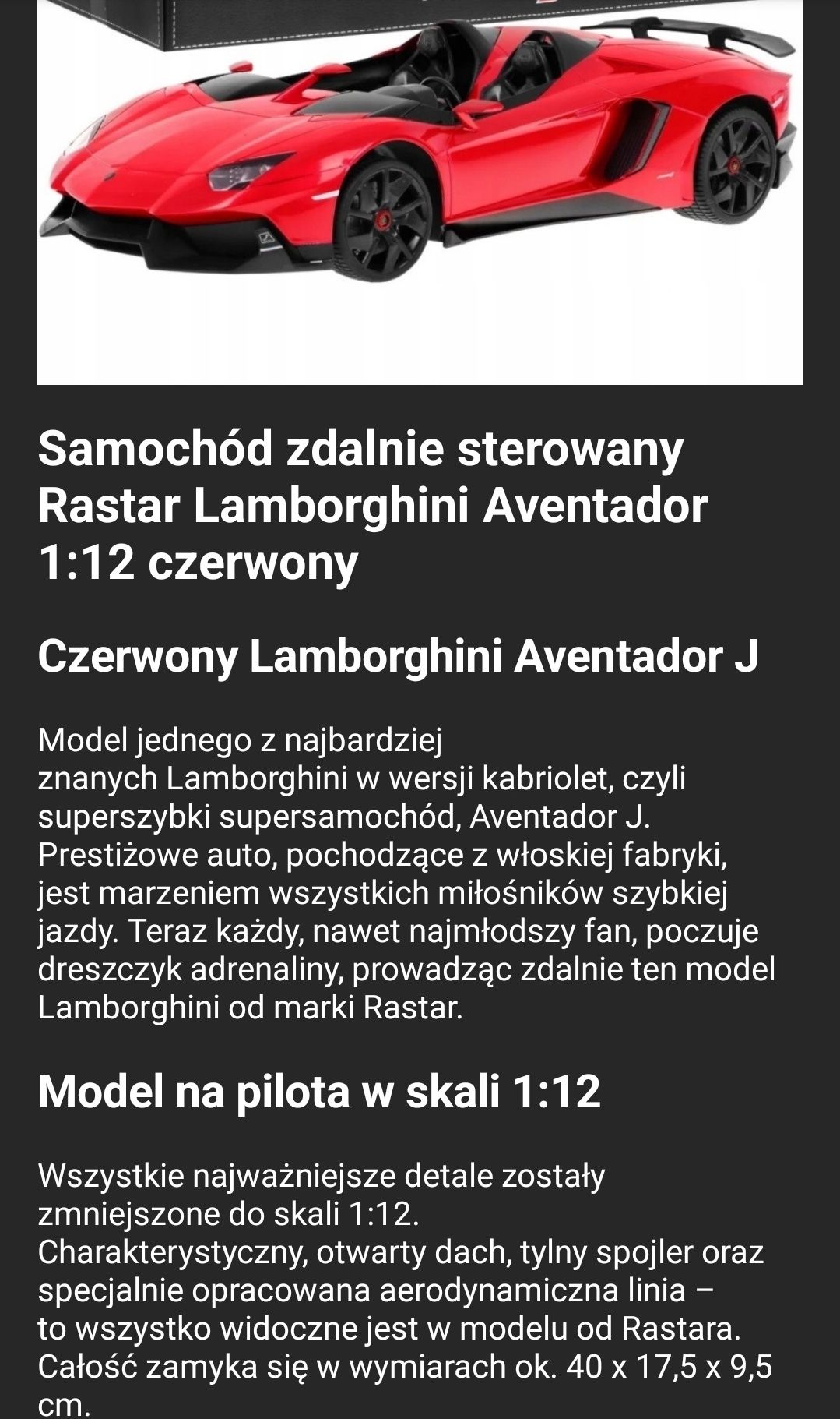 Lamborgini Aventador zdalnie sterowany  zabawka Rastar Auto