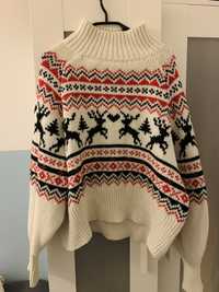Ciepły wełniany sweter h&m M L vintage renifery świąteczny biały