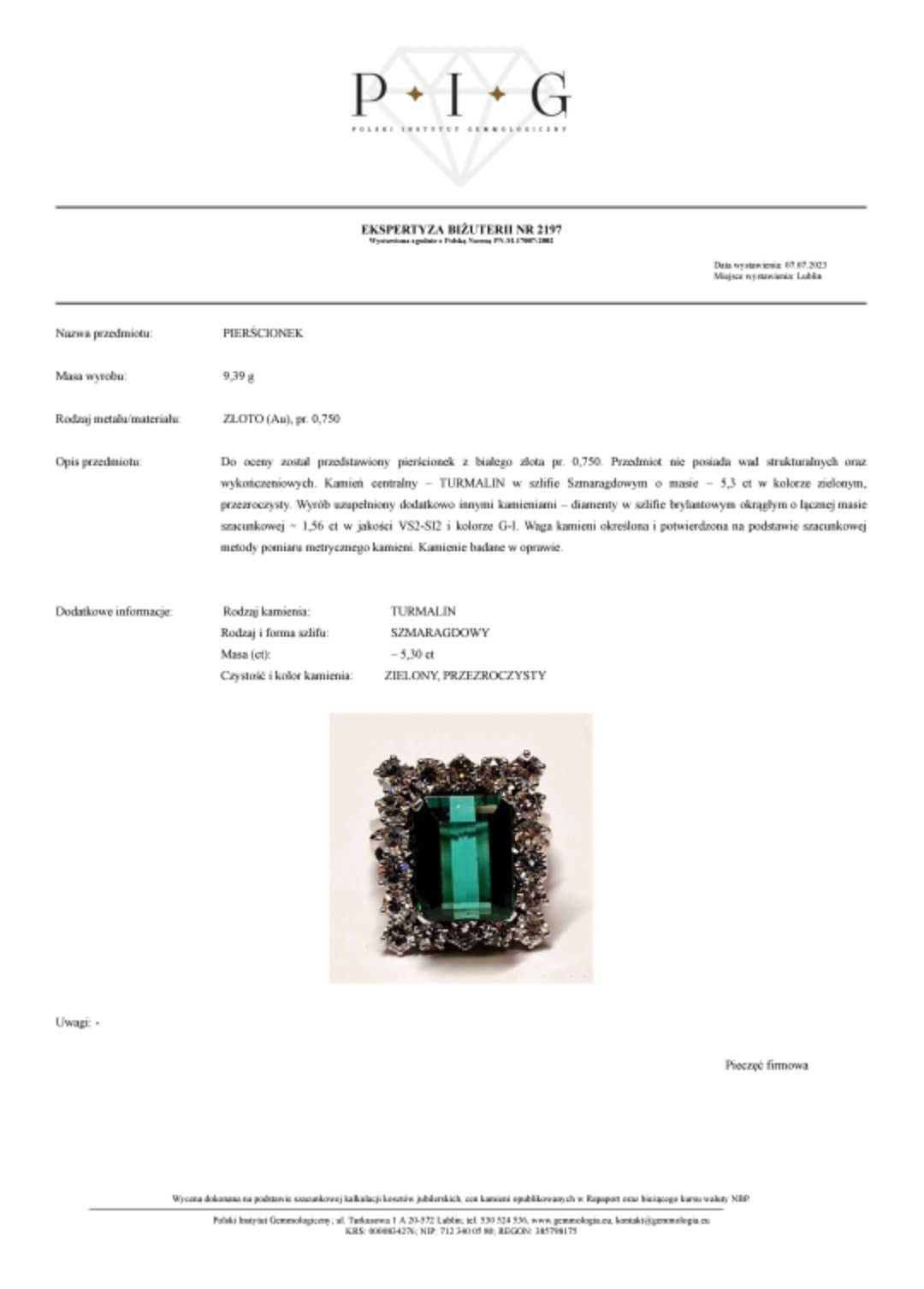 Pierścionek z naturalnym turmalinem 5.30 ct i diamentami 1.56 ct