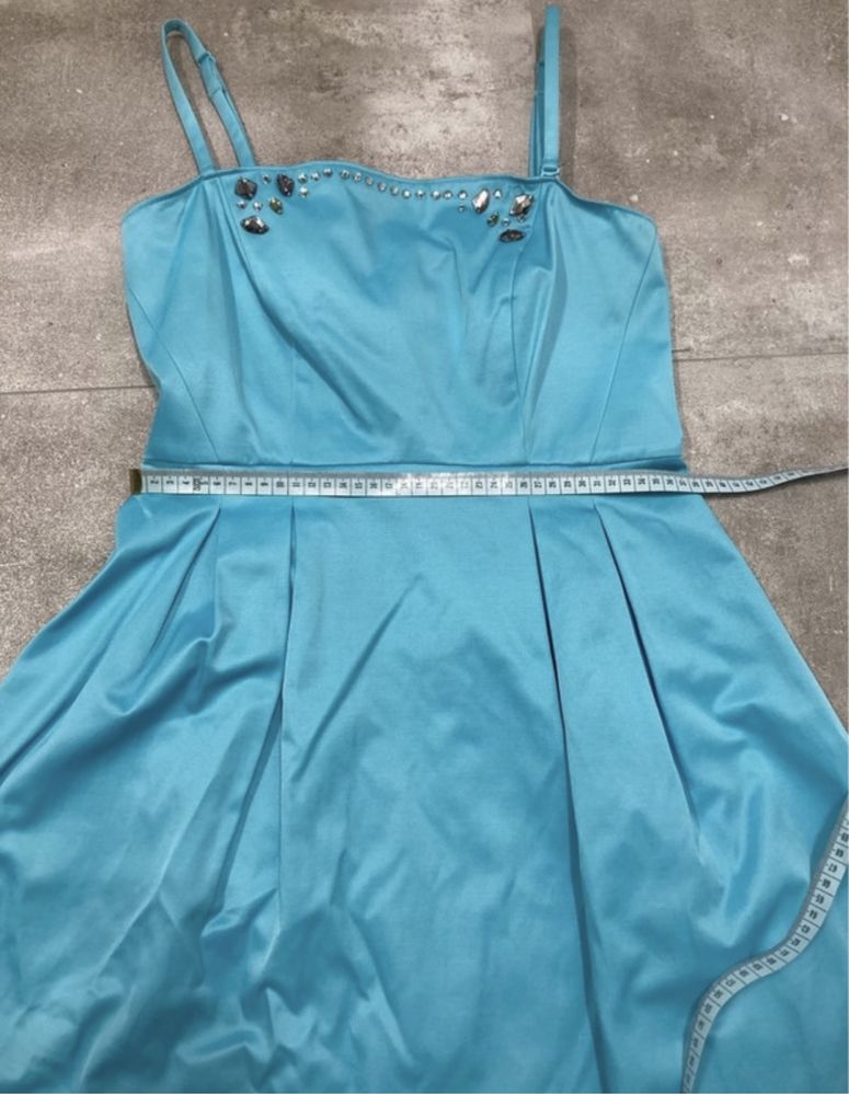 Nowa z metką Błękitna sukienka midi Orsay, z cekinami, r. 36