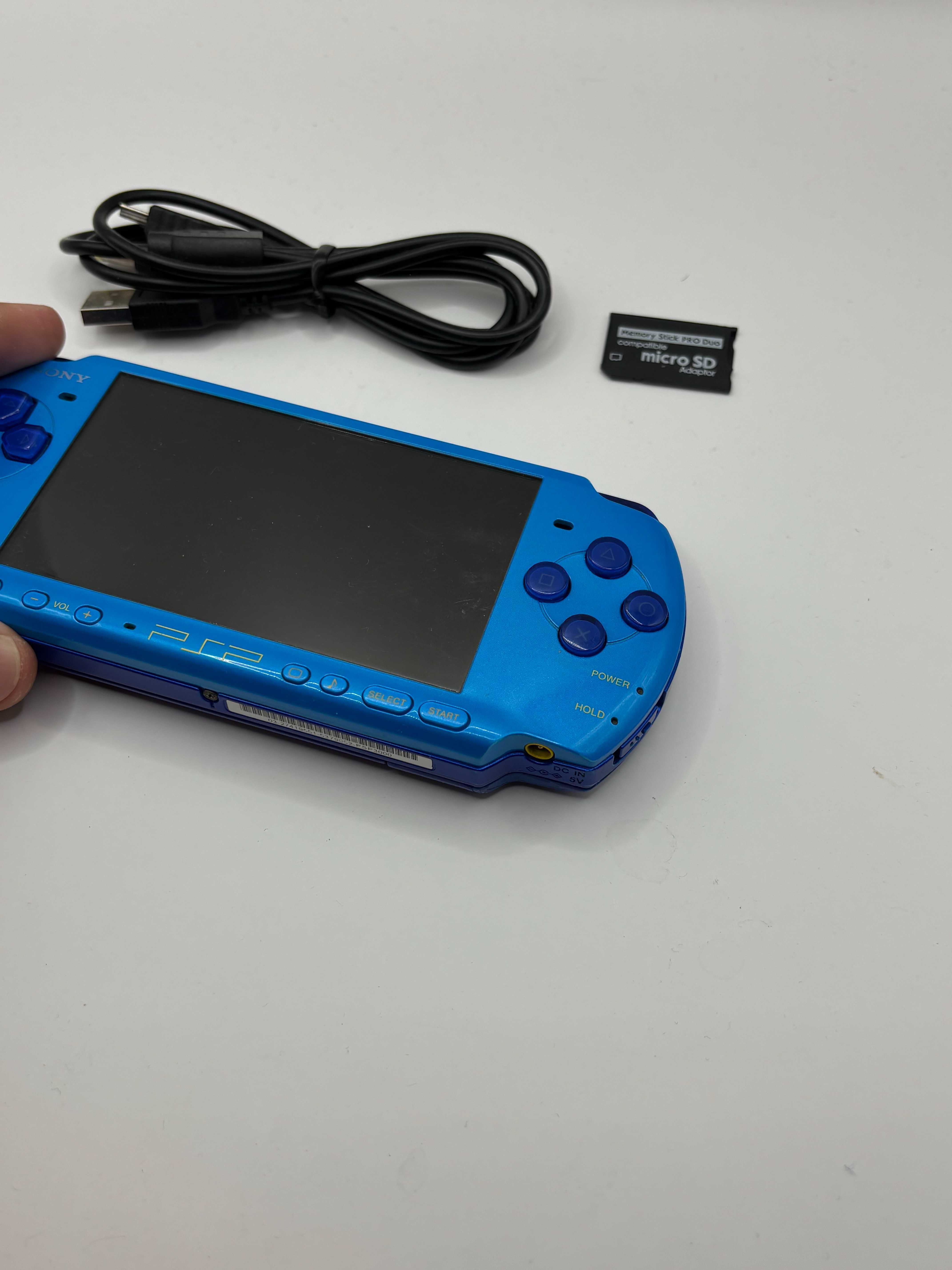 niebiska konsola PSP 3000 slim + adapter + kabel stan bardzo dobry
