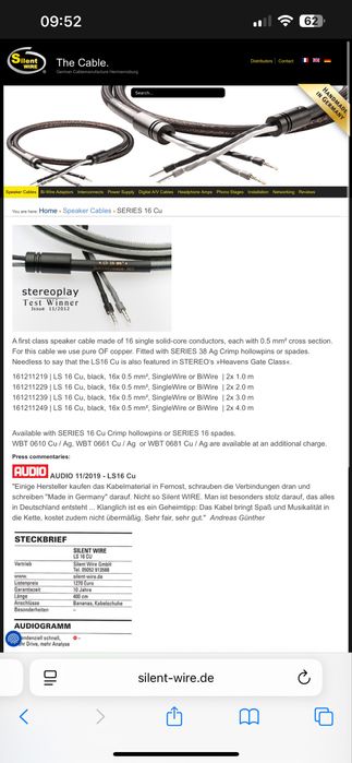 Silent Wire LS16 MKII - cabos de colunas Hig-End 2x3M (com Cx &Certif)
