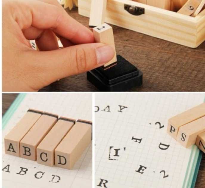 Zestaw 36 pieczątek z drewna alfabetu z literami alfabetu z pudełkiem