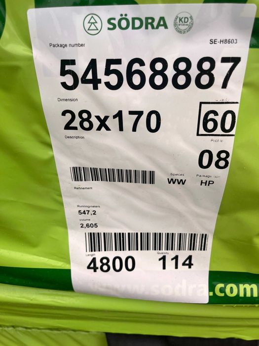 Deska 28x170 4,8m strugana suszona komorowo świerk skandynawski Sodra