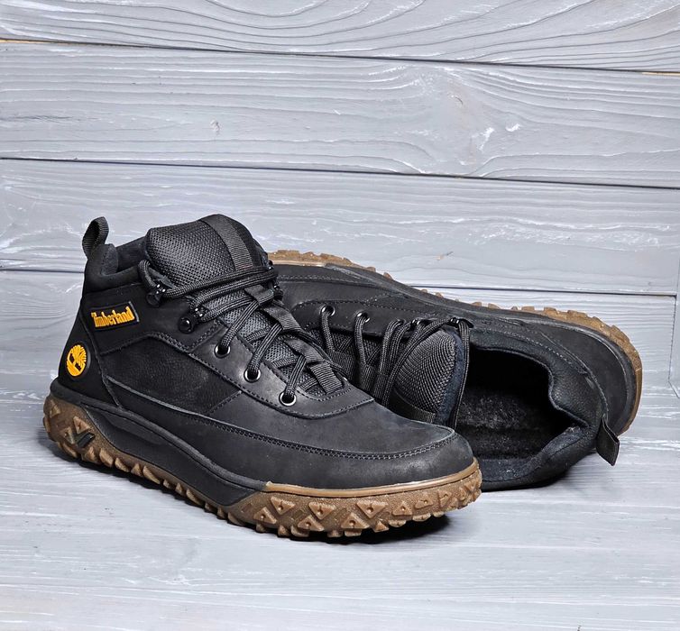 Кожаные зимние мужские черные прошитые ботинки полиуретановая подошва!