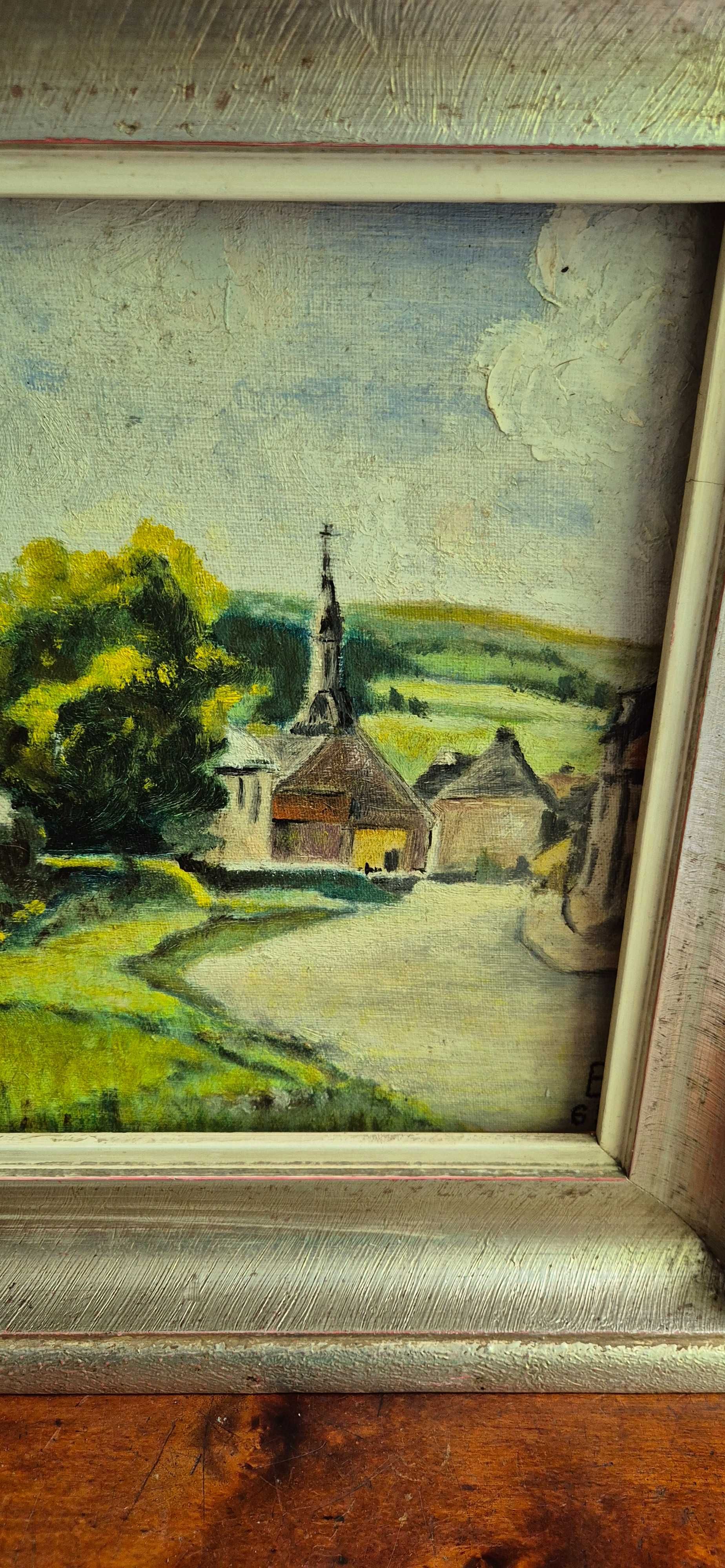 Obraz Olej na płycie zielony pejzaż z kościołem 1965r Niemcy antyk