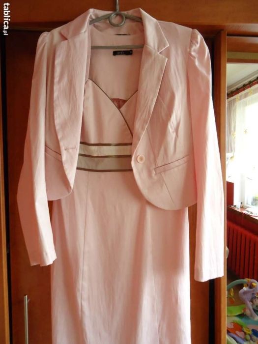 Elegancka sukienka z marynarką, pudrowy róż, rozm.38/40 z