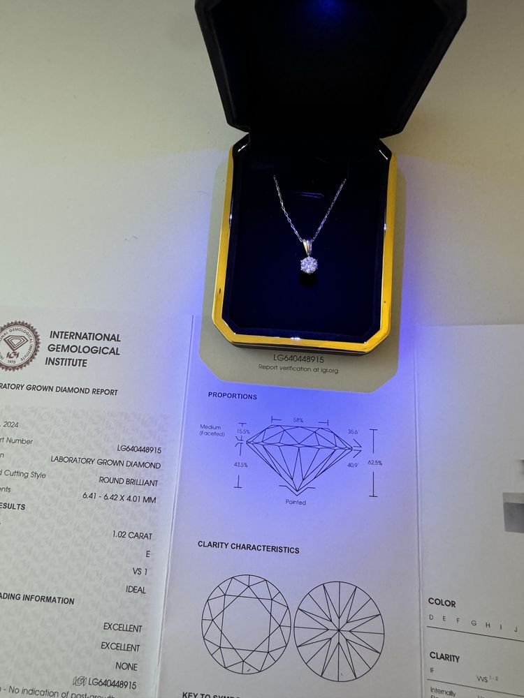 Zawieszka/wisiorek 585 z diamentem/brylantem 1ct VS1 E, certyfikat IGI