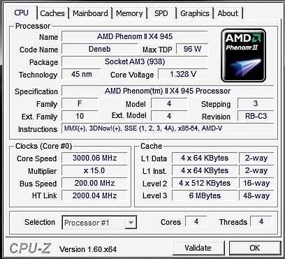 Четырехядерный AMD Phenom II x4 945 3.0 Ghz, АМ3