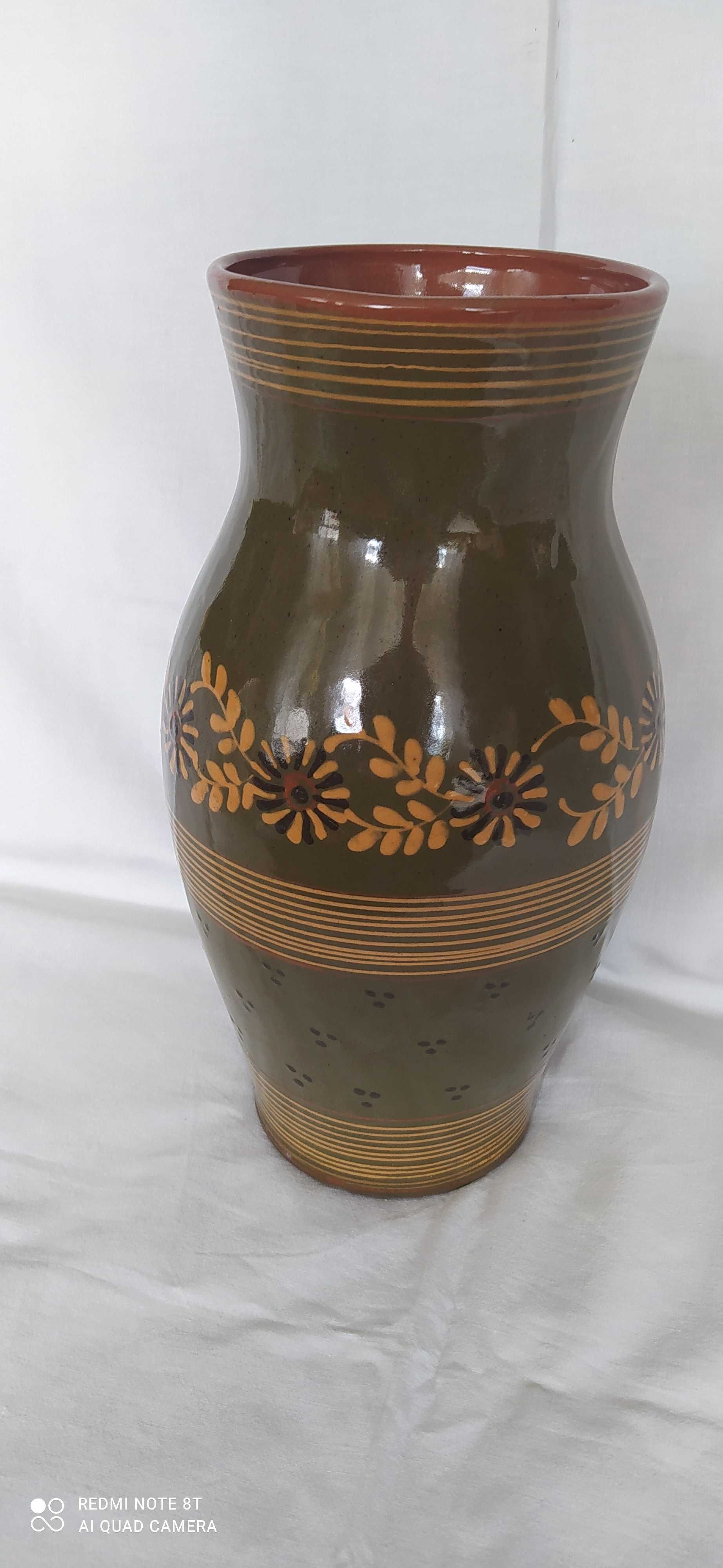 Wazon ceramiczny o pięknym wzorze ręcznie malowany z PRLu - 34cm.