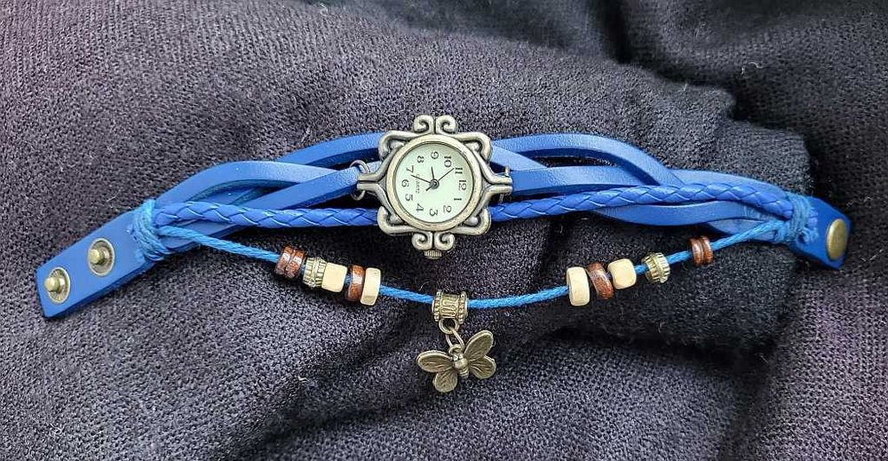 zegarek boho hippie chic niebieski chabrowy rzemyki bransoletka NOWY