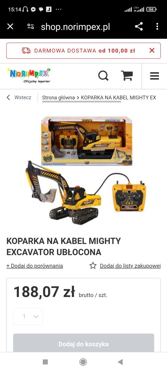 Zabawkowa zdalnie sterowana kablowo koparka D18-50 Mighty X-Cavtor