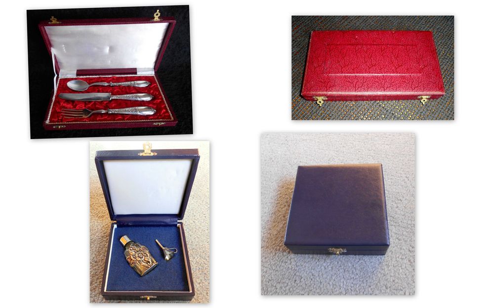 Estojo de Talheres cabos em prata e frasco perfume e funil