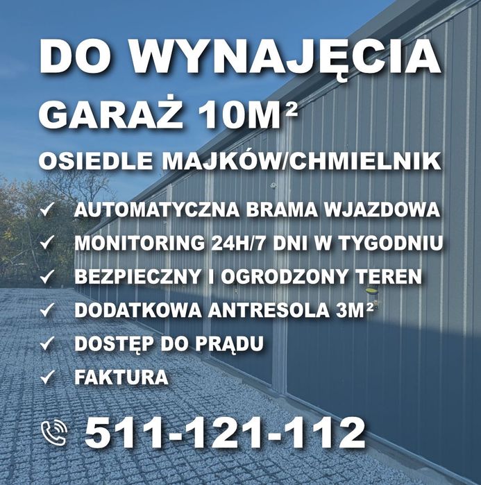 Garaż, magazyn 10m² Majków/Chmielnik prąd, monitoring, faktura