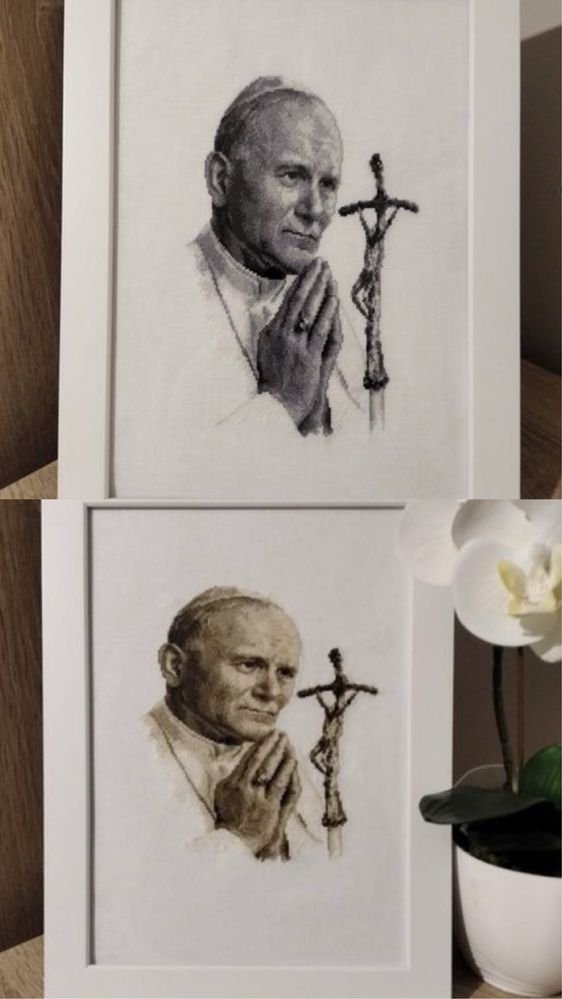 Haft krzyżykowy obrazy religijne rękodzieło Jezus Maryja Bóg prezent