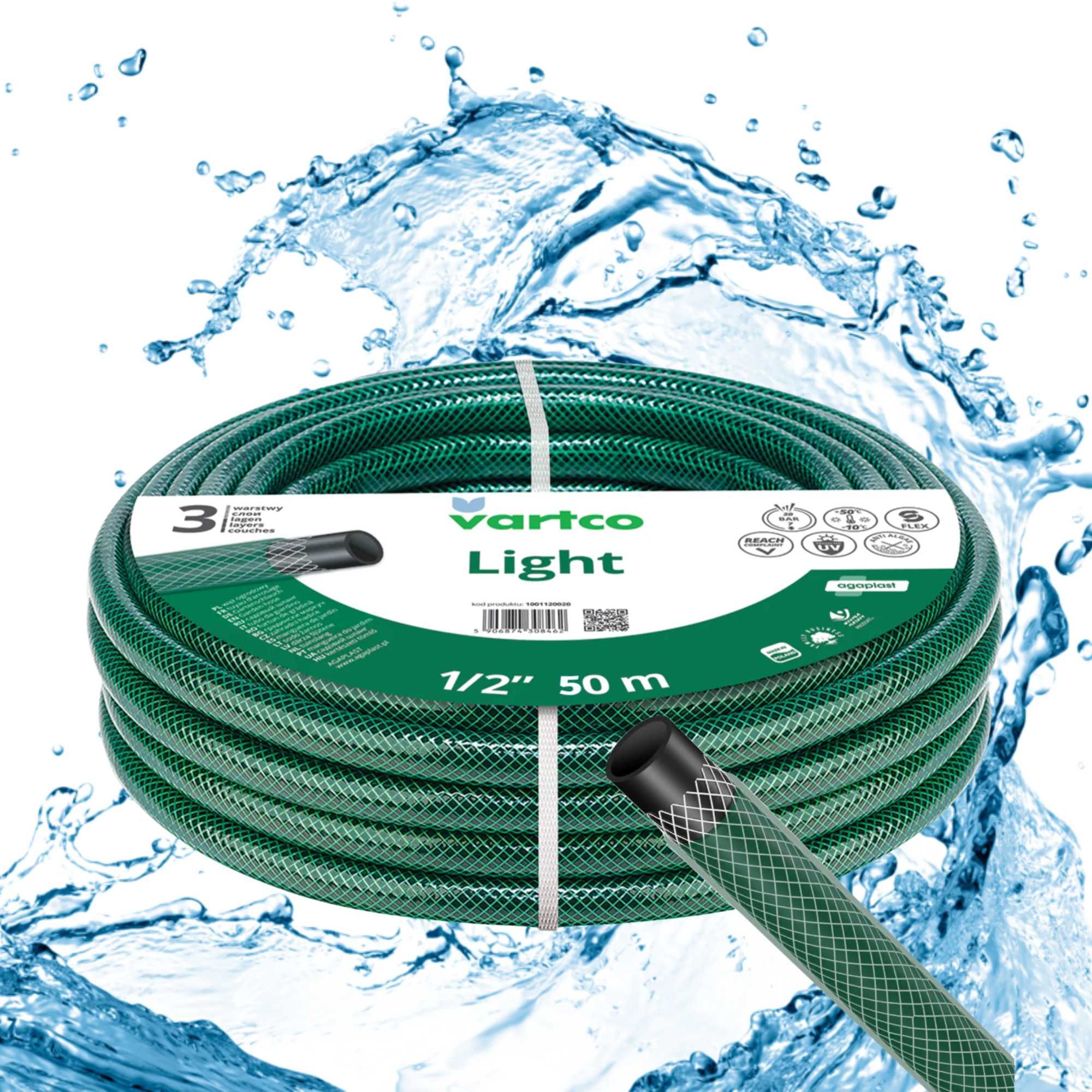 Wąż ogrodowy VARTCO LIGHT 20 bar 3-warstwowy 1/2" 50 m Produkt Polski