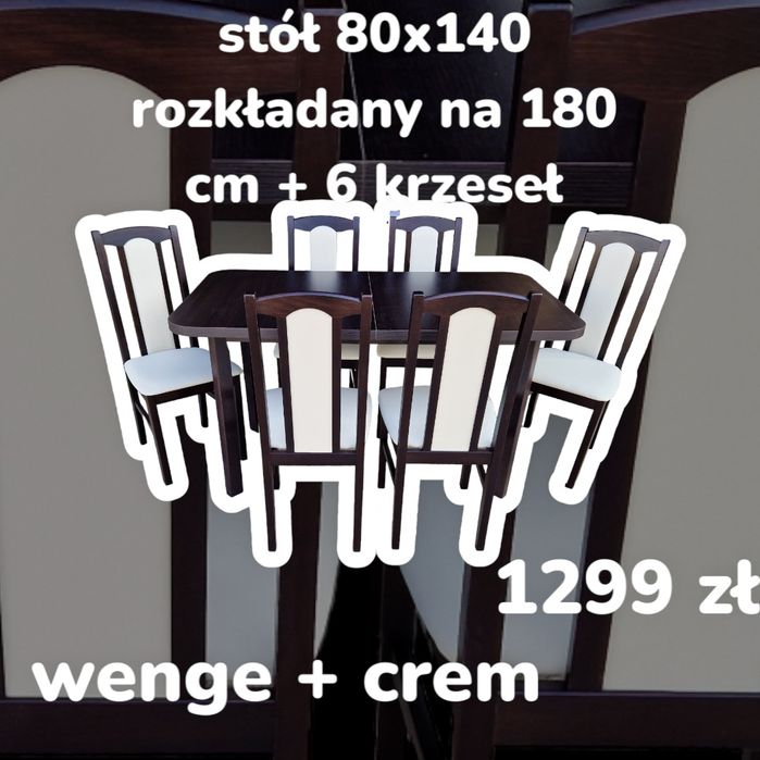 Nowe: Stół 80x140/180 + 6 krzeseł, wenge+crem , dostawa PL