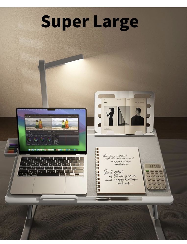 SAIJI stolik pod laptopa, stolik do łóżka z lampą LED