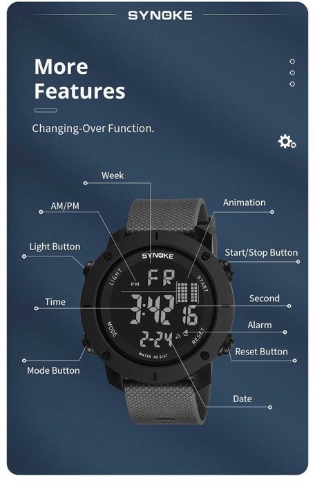 Czarny sportowy zegarek męski Synoke cyfrowy elektroniczny WR50m LED