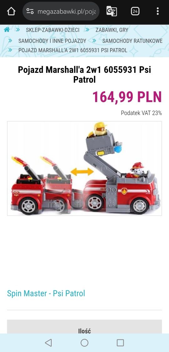 Wóz strażacki 2 w 1 Psi Patrol Marshall i Rubble