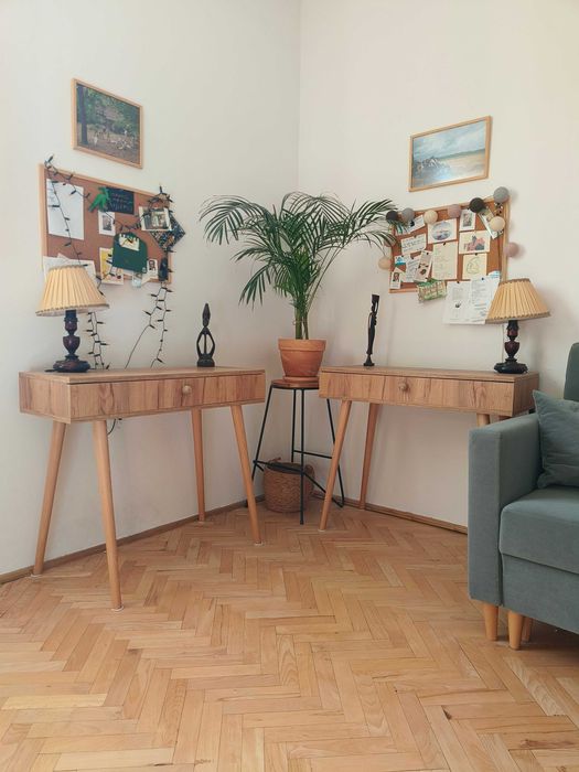 Drewniane biurko boho, konsola z szufladą w stylu skandynawskim