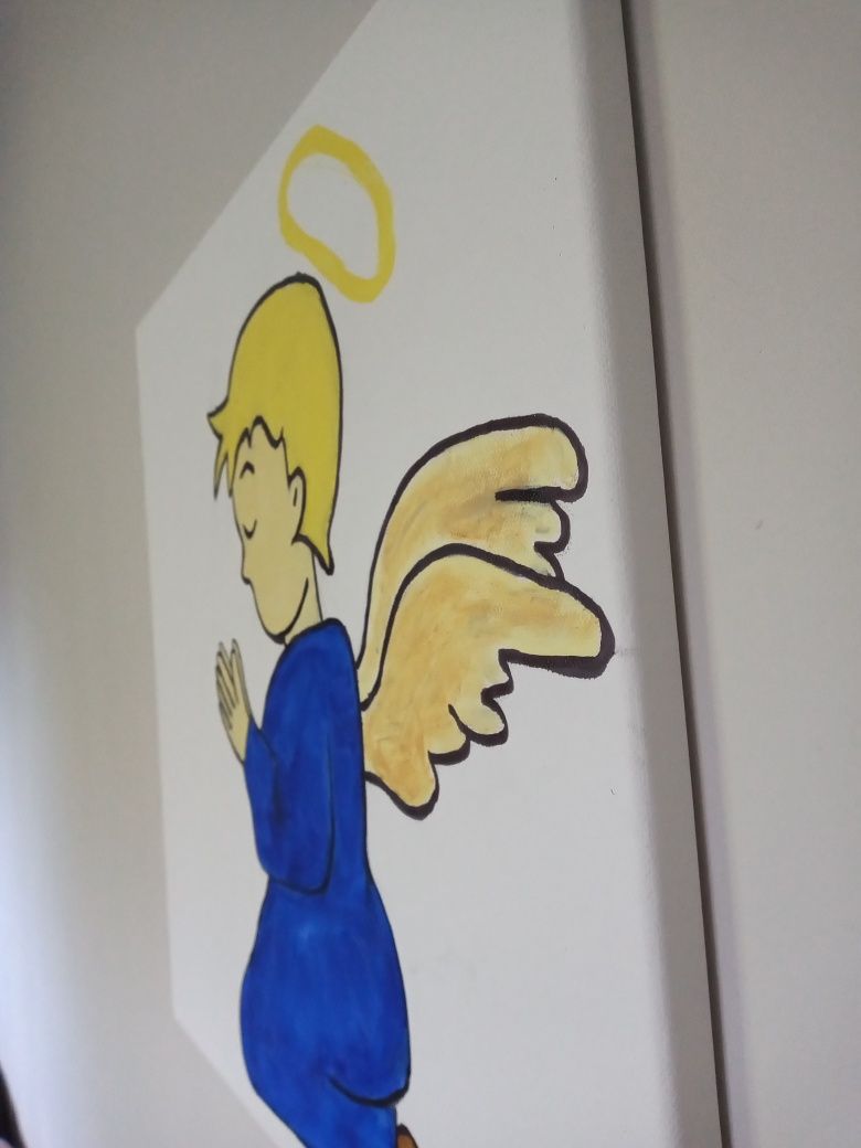 Obrazek anioła na płótnie. Rękodzieło. Pamiątka chrztu Świętego