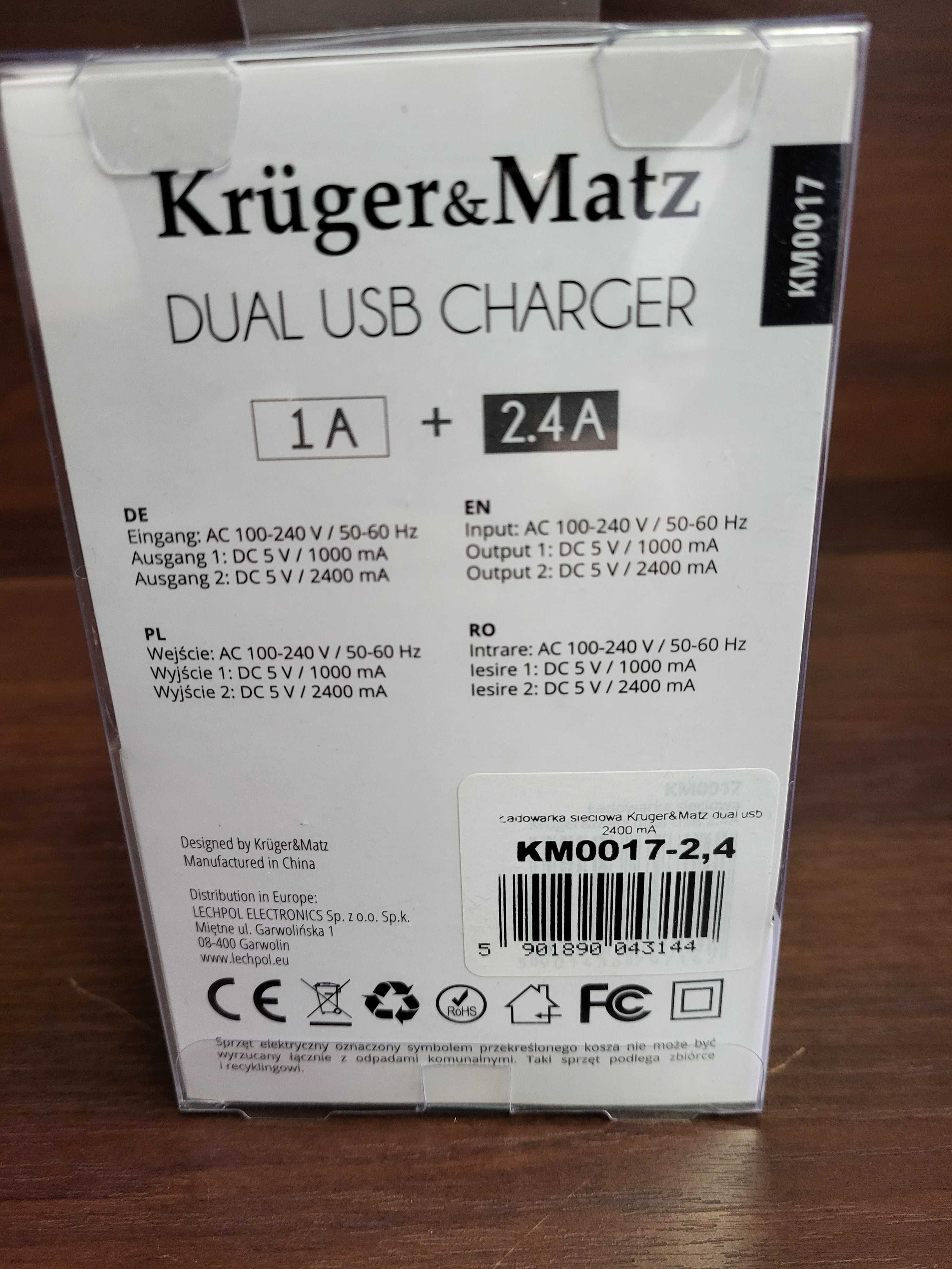 Ładowarka Przewodowa Kruger&Matz KM0017 Dual USB 1A + 2.4A 2400mA