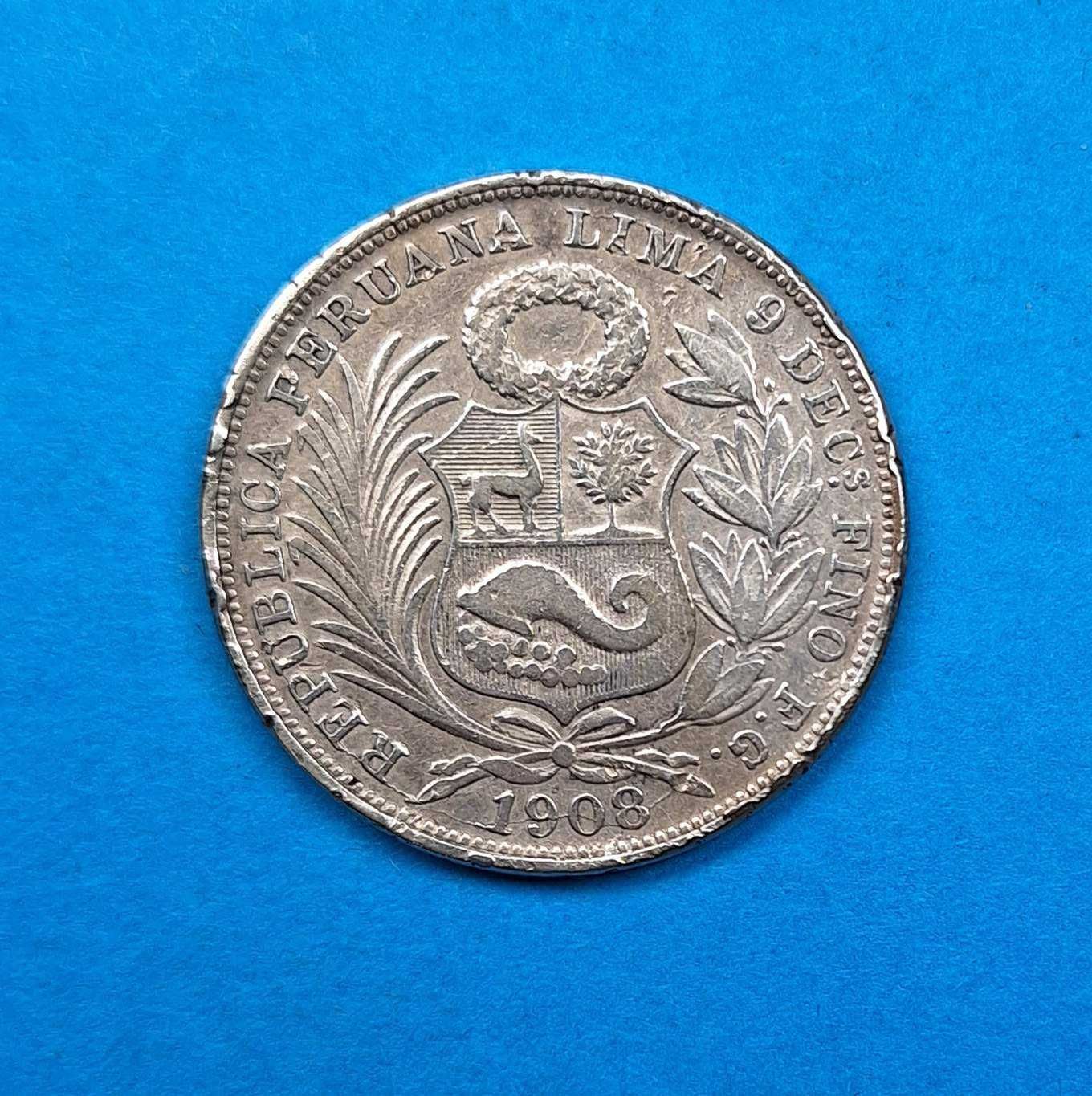 Peru 1/2 sola rok 1908, dobry stan, srebro 0,900