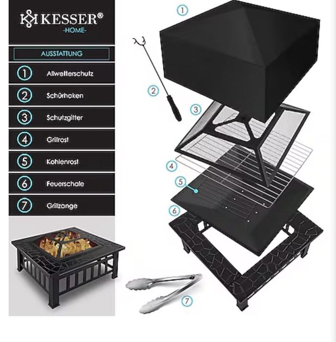 Palenisko KESSER® z rusztem i szczypcami do grilla, misa paleniskowa