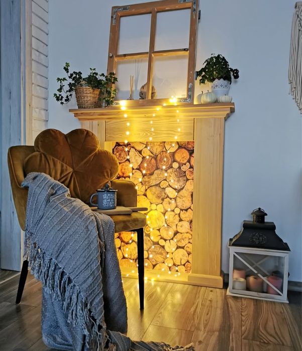 Drewniany kominek atrapa kominka rekodzieło boho loft eko rustic