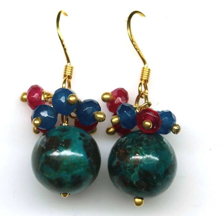 Kolczyki w stylu tajskim - Turkus, Rubin, Szafir - Srebro 925 złocone