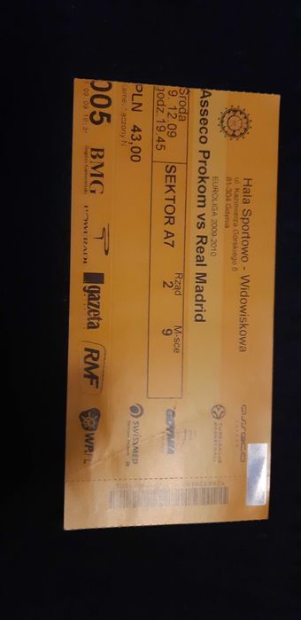 bilet z meczu Asseco Prokom - Real Madryt 9.12.09. Euroliga